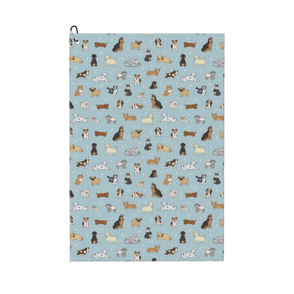Logiee Cartoon Doodle Puppy Print Golf Towels,16" x 24" Portable Golf Towel for Golf Bag with Carabiner Clip to Quickly Remove Sand,Mud and Sweat
