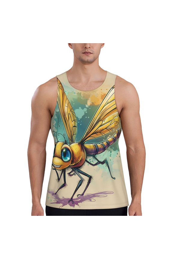Cartoon Dragonfly Art Print Men's Workout Tank Top,Quick Dry Workout Tank Top,Gym Muscle Tee,Fitness Bodybuilding Sleeveless T Shirt-Medium