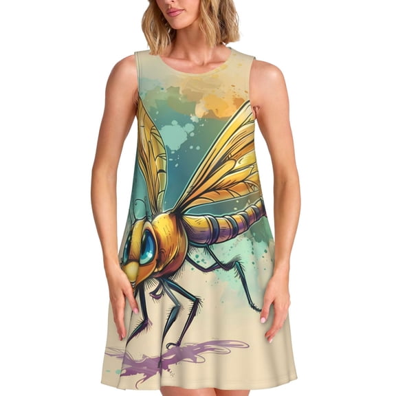 Logiee Cartoon Dragonfly Art Print Summer Dresses for Women,Beach Sleeveless Flowy Pocket Tshirt Tank Sundresses,Women's Sleeveless Dress