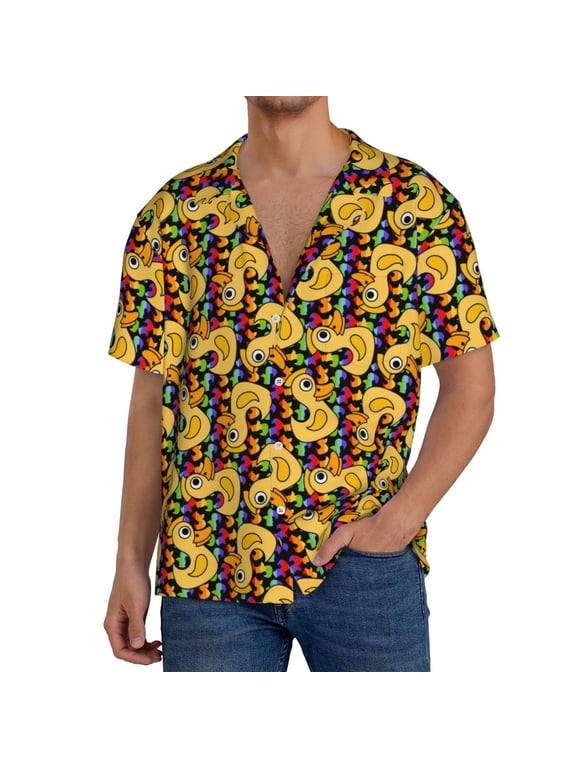 Cartoon Ducks Print Men's Button Down Shirts Short Sleeve, Summer Beach Shirts,Vacation Wedding Shirts,Men's Casual Button-Down Shirts with Pocket-Small