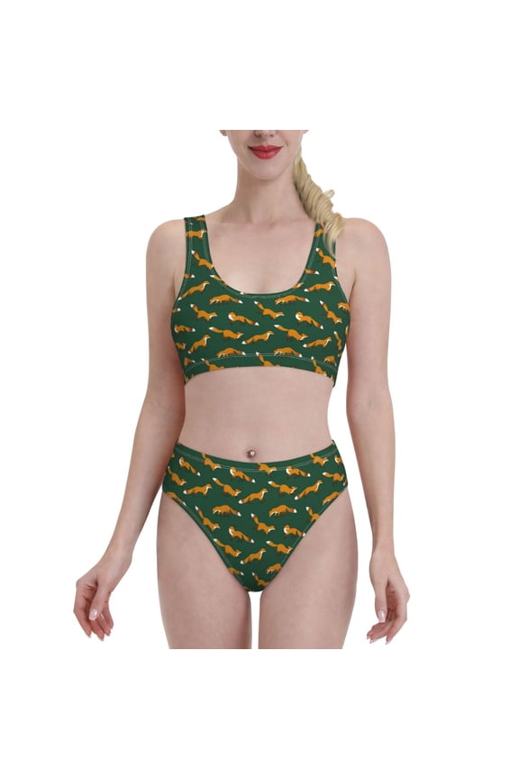 Cartoon Fox 1 Print Women's 2 Piece Bikini Set Halter Bathing Suit High Waisted Bikini Sets-