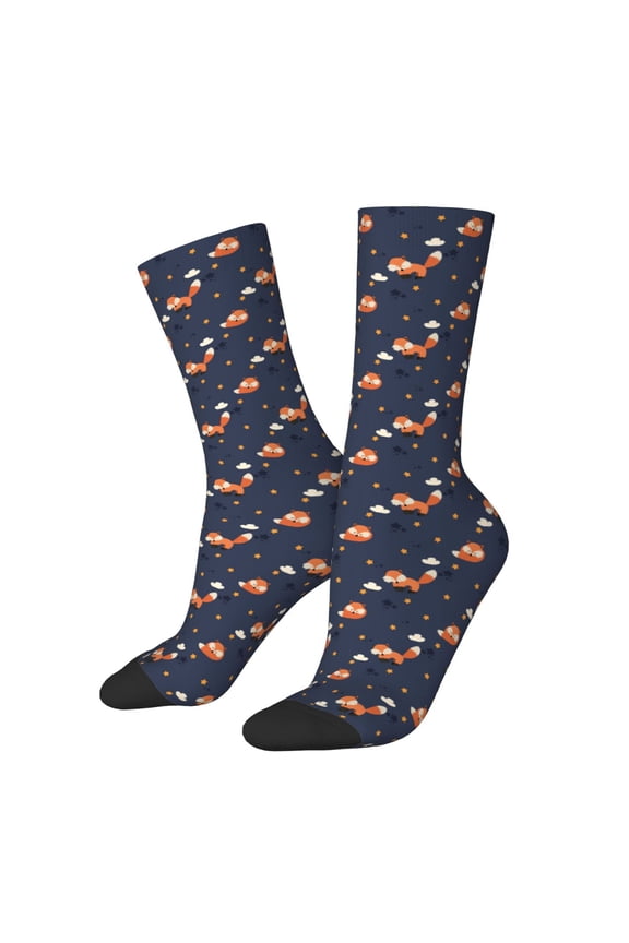 Cartoon Fox Print Adult Socks for Men & Women,Calf Socks, Ankle Socks,Boots Socks,Breathable Casual Sock,Unisex Crew Socks