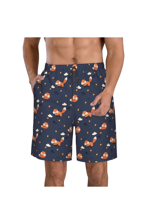Cartoon Fox Print Mens Swim Trunks Quick Dry Board Shorts,Breathable Hawaii Beach Shorts Swimwear Bathing Suits-Small