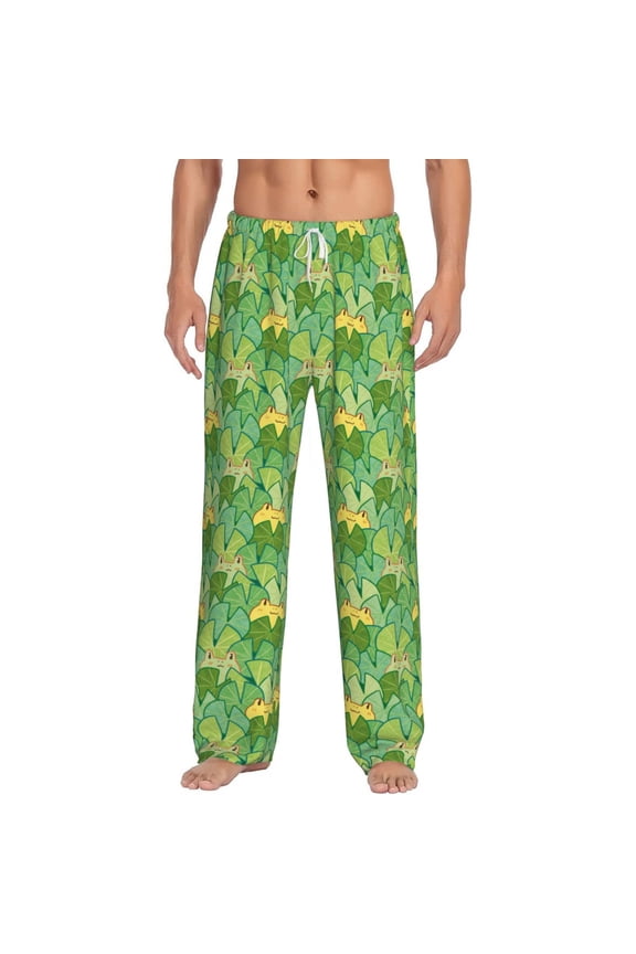 Cartoon Frog And Lotus Leaf Print Pajama Pants for Men,Men’s Pajama Bottoms,Mens PJ Pants with Pockets & Button Fly-Medium