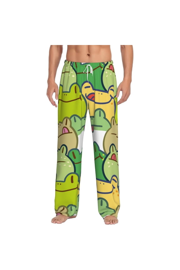 Cartoon Frog Print Pajama Pants for Men,Men’s Pajama Bottoms,Mens PJ Pants with Pockets & Button Fly-Large