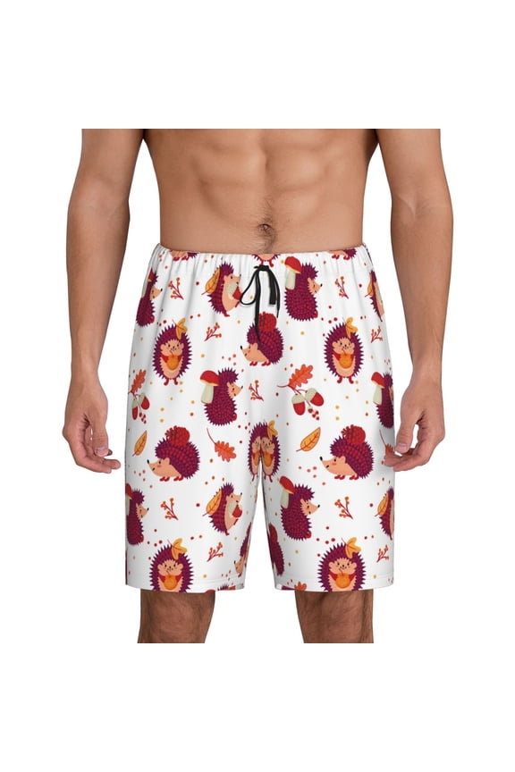 Cartoon Hedgehogs Print Men's Pajama Shorts with Drawstring & Pockets,Sleep Shorts for Men,Sleepwear Bottoms,Elastic Waistband Loungewear-Large