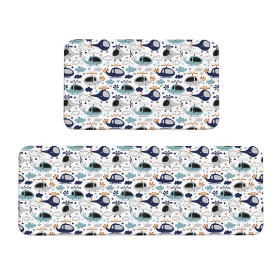 Logiee Cartoon Helicopters Print Kitchen Mats for Floor Sets of 2,Waterproof Kitchen Rugs,Non Slip Comfort Standing Mat Rug for Home,Runner,Sink,Office,Laundry