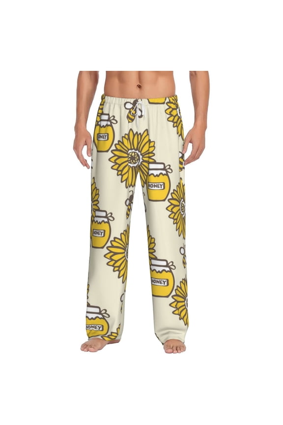 Cartoon Honey Pot Bee Sunflower Print Pajama Pants for Men,Men’s Pajama Bottoms,Mens PJ Pants with Pockets & Button Fly-Large