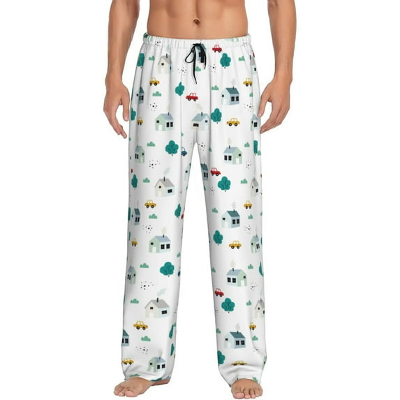 Logiee Cartoon House Car Print Pajama Pants for Men,Men’s Pajama Bottoms,Mens PJ Pants with Pockets & Button Fly-3X-Large