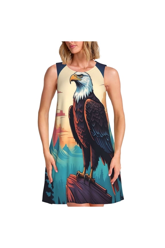 Cartoon Iceberg Bald Eagle Print Summer Dresses for Women,Beach Sleeveless Flowy Pocket Tshirt Tank Sundresses,Women's Sleeveless Dress