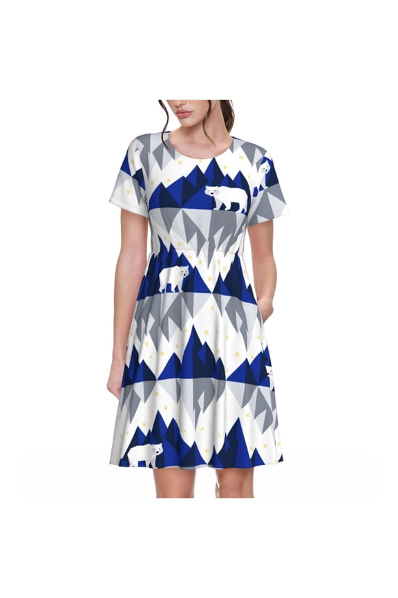 Cartoon Iceberg Polar Bear Print Womens Summer Dress,Casual Short Sleeve Sundresses,Beach A-line Shift Dress with Pockets