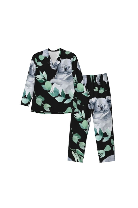 Cartoon Koala Bear Print Mens Long Sleeve Pajama Set,Notched Collar Pajamas for Men, Men's Sleepwear,Mens Sleepwear with Pockets & Button Down-Medium