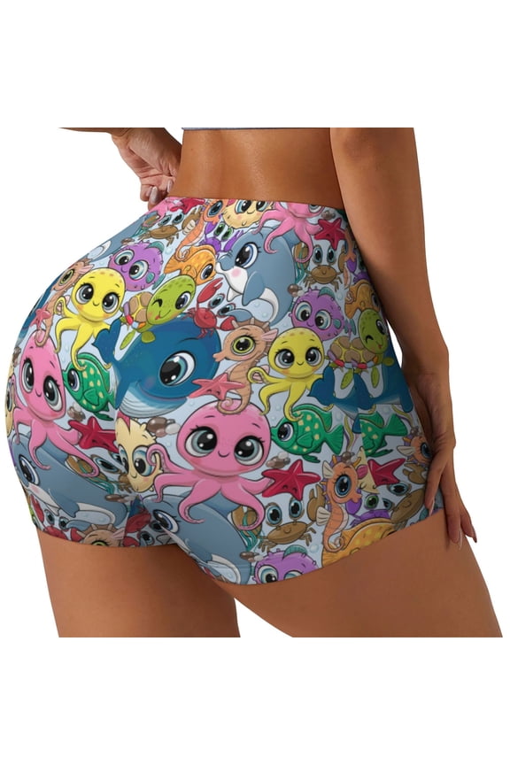 Cartoon Marine Animals Print Women's Biker Shorts,Workout Gym Shorts,Scrunch Shorts,Tummy Control Hidden Scrunch Running Yoga Shorts-XX-Large