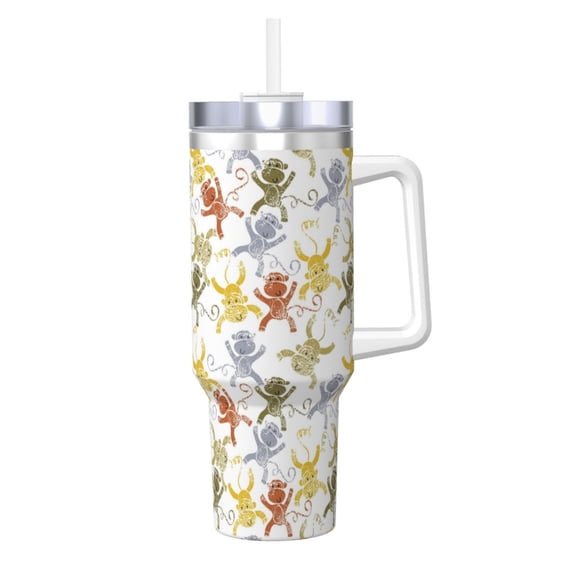 Logiee Cartoon Monkey Print 40OZ Ice Bully Cup with Handle and Straw, Double Wall Stainless Steel Tumbler,Travel Coffee Cup with Lid, Summer Insulation and Cooling Cup