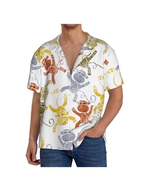 Cartoon Monkey Print Men's Button Down Shirts Short Sleeve, Summer Beach Shirts,Vacation Wedding Shirts,Men's Casual Button-Down Shirts with Pocket-Large