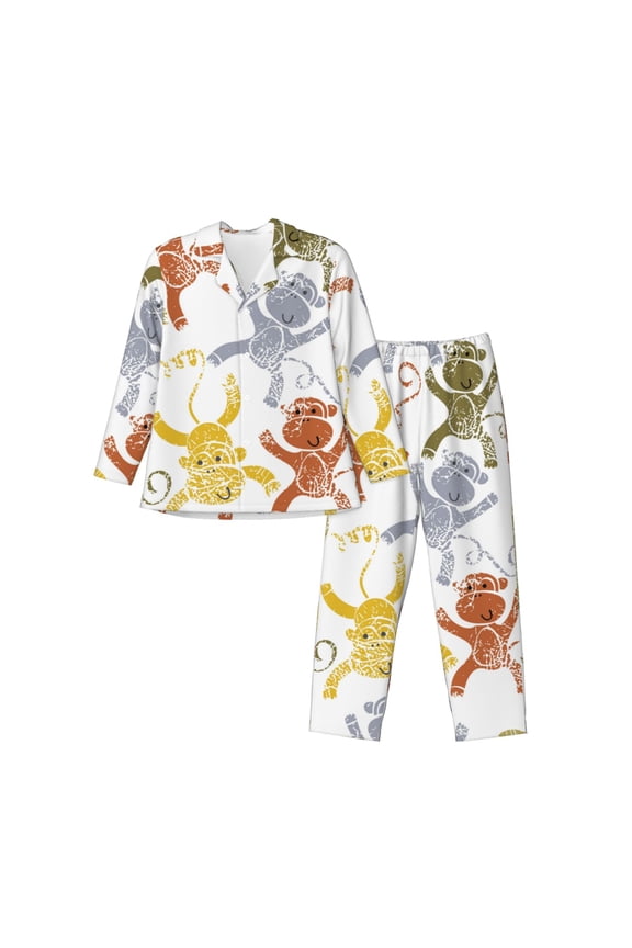 Cartoon Monkey Print Mens Long Sleeve Pajama Set,Notched Collar Pajamas for Men, Men's Sleepwear,Mens Sleepwear with Pockets & Button Down-Large