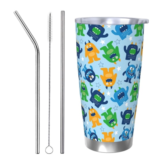 Logiee Cartoon Monster Print 20OZ Car Cup with Lid, Stainless Steel Vacuum Insulated Double Wall Travel Tumbler, Durable Insulated Coffee Mug,Thermal Cup with Straw-Straw Three-piece Set
