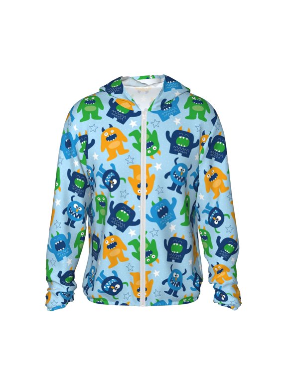 Cartoon Monster Print Men's Women Light Jacket Full Zip Sun Protection Hoodie Long Sleeve Sun Shirts for Men Hiking Fishing Zip Pockets-Medium