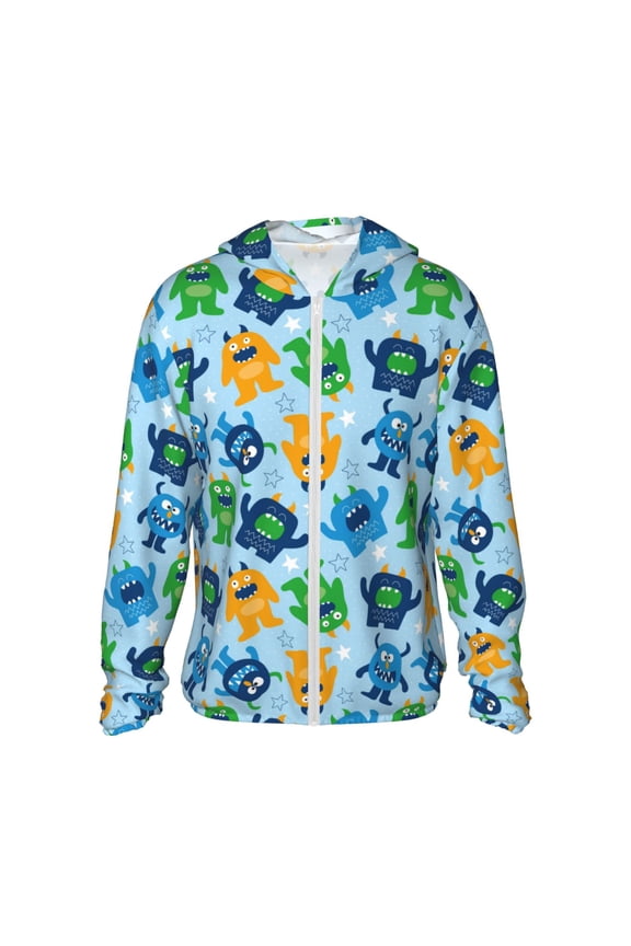 Cartoon Monster Print Men's Women Light Jacket Full Zip Sun Protection Hoodie Long Sleeve Sun Shirts for Men Hiking Fishing Zip Pockets-Medium