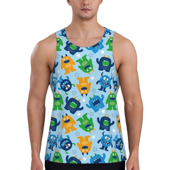 Logiee Cartoon Monster Print Men's Workout Tank Top,Quick Dry Workout Tank Top,Gym Muscle Tee,Fitness Bodybuilding Sleeveless T Shirt-XX-Large