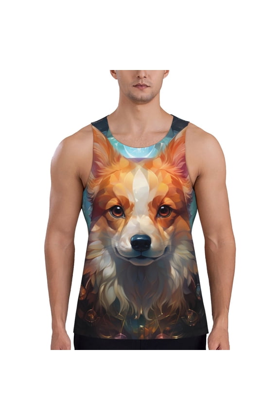 Cartoon Pattern Corgi Print Men's Workout Tank Top,Quick Dry Workout Tank Top,Gym Muscle Tee,Fitness Bodybuilding Sleeveless T Shirt-Medium