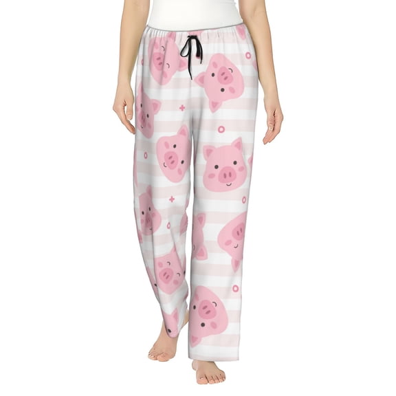 Logiee Cartoon Pig Print Women Pajama Pants,Comfy Pj Bottom with Pockets & Drawstring,Stretch Casual Sleepwear-Small