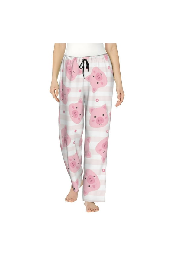 Cartoon Pig Print Women Pajama Pants,Comfy Pj Bottom with Pockets & Drawstring,Stretch Casual Sleepwear-Small