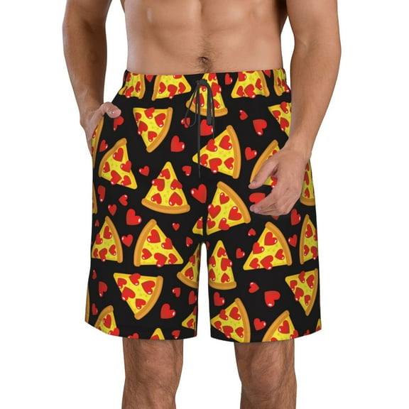 Logiee Cartoon Pizza Print Mens Swim Trunks Quick Dry Board Shorts,Breathable Hawaii Beach Shorts Swimwear Bathing Suits-Small