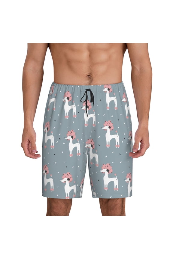 Cartoon Poodle Dog Print Men's Pajama Shorts with Drawstring & Pockets,Sleep Shorts for Men,Sleepwear Bottoms,Elastic Waistband Loungewear-Large