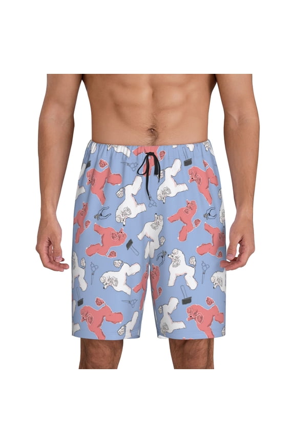 Cartoon Poodle Dog Print Men's Pajama Shorts with Drawstring & Pockets,Sleep Shorts for Men,Sleepwear Bottoms,Elastic Waistband Loungewear-Medium