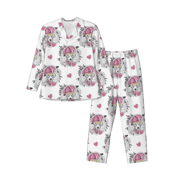 Logiee Cartoon Poodle Dog Print Mens Long Sleeve Pajama Set,Notched Collar Pajamas for Men, Men's Sleepwear,Mens Sleepwear with Pockets & Button Down-Large