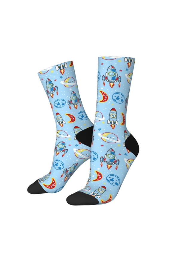 Cartoon Rocket With Space Print Adult Socks for Men & Women,Calf Socks, Ankle Socks,Boots Socks,Breathable Casual Sock,Unisex Crew Socks