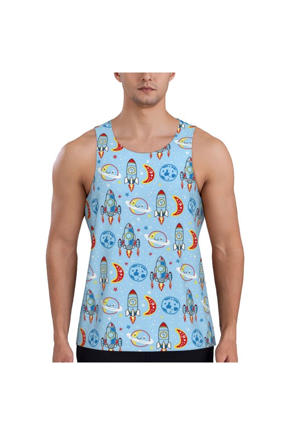 Cartoon Rocket With Space Print Men's Workout Tank Top,Quick Dry Workout Tank Top,Gym Muscle Tee,Fitness Bodybuilding Sleeveless T Shirt-Medium