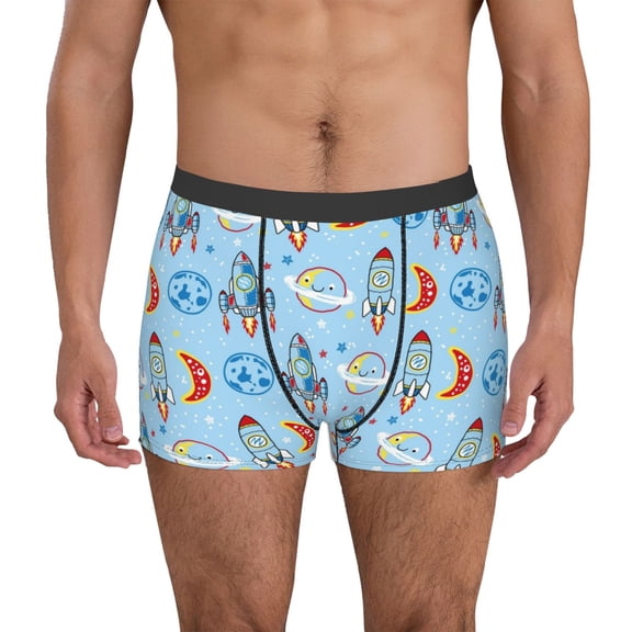 Logiee Cartoon Rocket With Space Print Mens Boxer Briefs,Boxer Briefs for Men,Breathable Stretch Underwear,Boys Boxer Briefs-Large