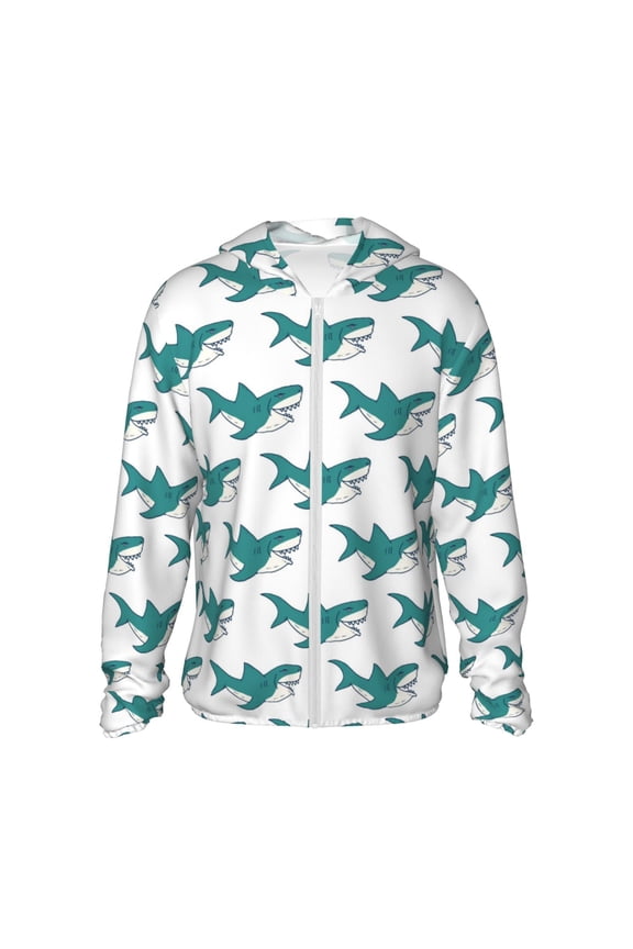 Cartoon Shark Print Men's Women Light Jacket Full Zip Sun Protection Hoodie Long Sleeve Sun Shirts for Men Hiking Fishing Zip Pockets-X-Large