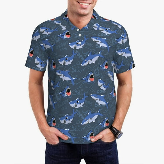 Logiee Cartoon Shark Print Mens Polo Shirts,Mens Golf Polo Shirts,Short Sleeve Casual Polo Shirts for Men,Summer Fashion Beach Shirts-XX-Large