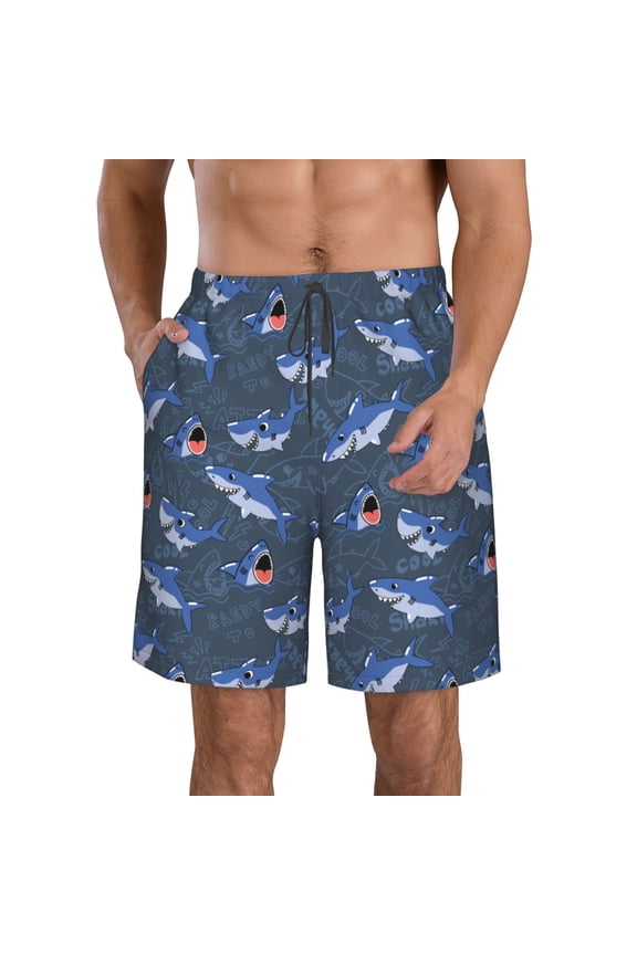 Cartoon Shark Print Mens Swim Trunks Quick Dry Board Shorts,Breathable Hawaii Beach Shorts Swimwear Bathing Suits-Large