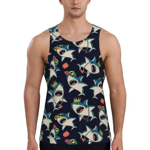 Logiee Cartoon Sharks Print Men's Workout Tank Top,Quick Dry Workout Tank Top,Gym Muscle Tee,Fitness Bodybuilding Sleeveless T Shirt-Medium
