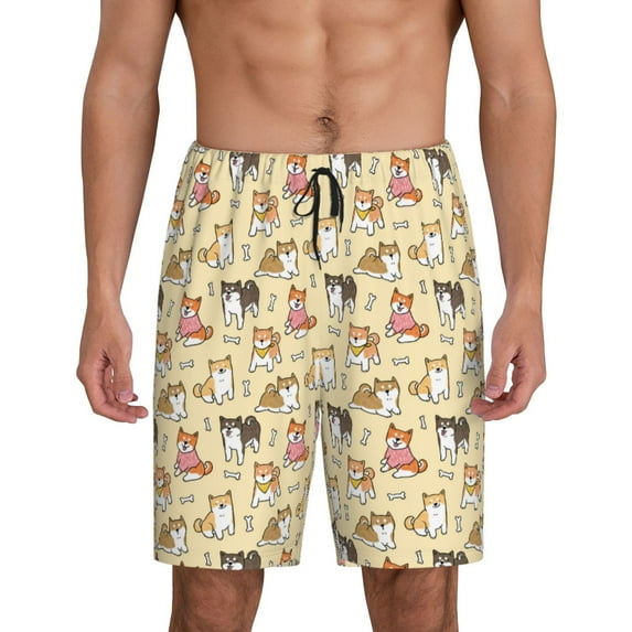Logiee Cartoon Shiba Inu Dog Print Men's Pajama Shorts with Drawstring & Pockets,Sleep Shorts for Men,Sleepwear Bottoms,Elastic Waistband Loungewear-4X-Large