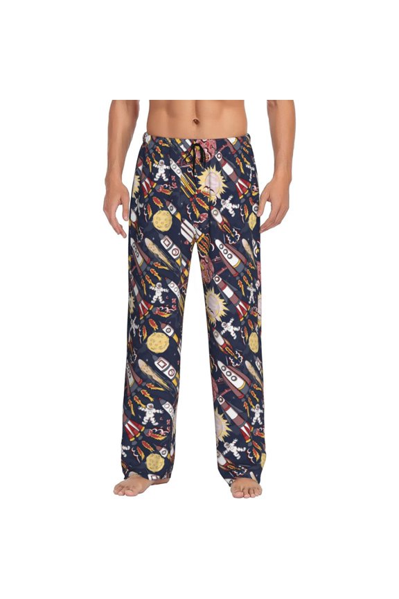 Cartoon Space 1 Print Pajama Pants for Men,Men’s Pajama Bottoms,Mens PJ Pants with Pockets & Button Fly-Large