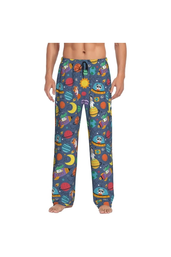 Cartoon Space Print Pajama Pants for Men,Men’s Pajama Bottoms,Mens PJ Pants with Pockets & Button Fly-X-Large