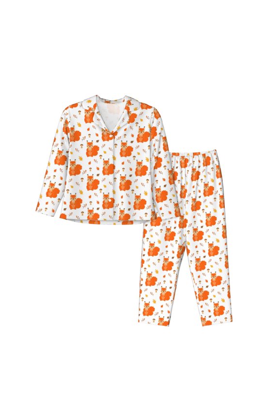 Cartoon Squirrel Print Womens Pajamas Set,Long Sleeve Sleepwear,Button Down Lounge Set 2 Pieces,Soft Nightwear Pjs Set-
