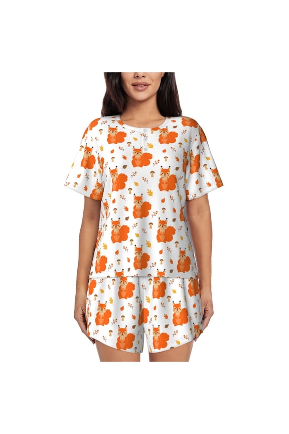 Cartoon Squirrel Print Womens Pajamas Set,Short-Sleeve Pajama 2 Piece Sleepwear with Pockets-Small
