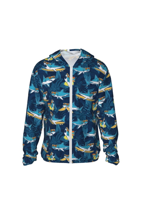 Cartoon Surfer Sharks Print Men's Women Light Jacket Full Zip Sun Protection Hoodie Long Sleeve Sun Shirts for Men Hiking Fishing Zip Pockets-Medium