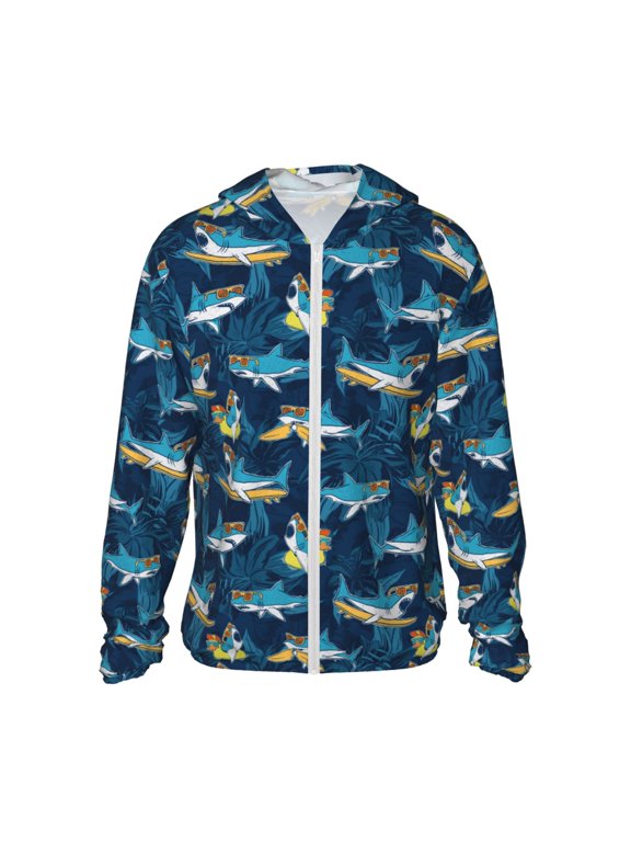 Cartoon Surfer Sharks Print Men's Women Light Jacket Full Zip Sun Protection Hoodie Long Sleeve Sun Shirts for Men Hiking Fishing Zip Pockets-3X-Large