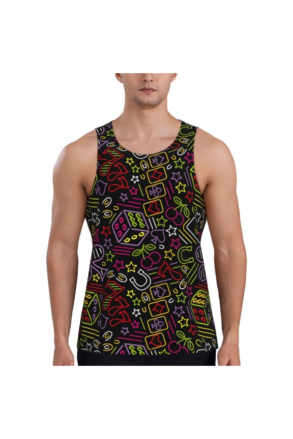 Casino Icons Print Men's Workout Tank Top,Quick Dry Workout Tank Top,Gym Muscle Tee,Fitness Bodybuilding Sleeveless T Shirt-Small