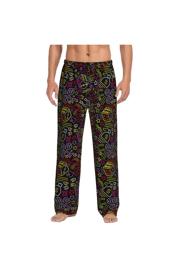 Casino Icons Print Pajama Pants for Men,Men’s Pajama Bottoms,Mens PJ Pants with Pockets & Button Fly-Large