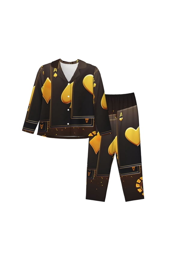 Casino Playing Cards Print Womens Pajamas Set,Long Sleeve Sleepwear,Button Down Lounge Set 2 Pieces,Soft Nightwear Pjs Set-