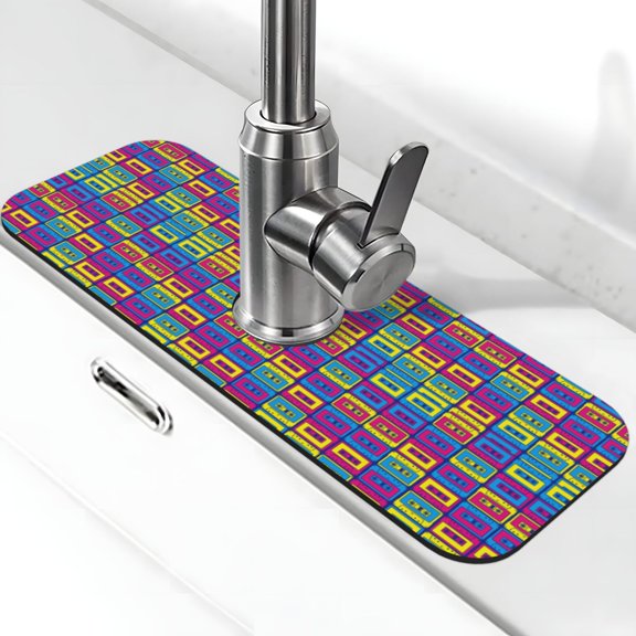 Logiee Cassette Tapes Print Kitchen Sink Splash Guard Faucet Mat for Splash Guard Behind Faucet Drip Catcher for Kitchen,Bathroom,Sink Mat,Dish Drying Mat,Bathroom-15" X 5.5"