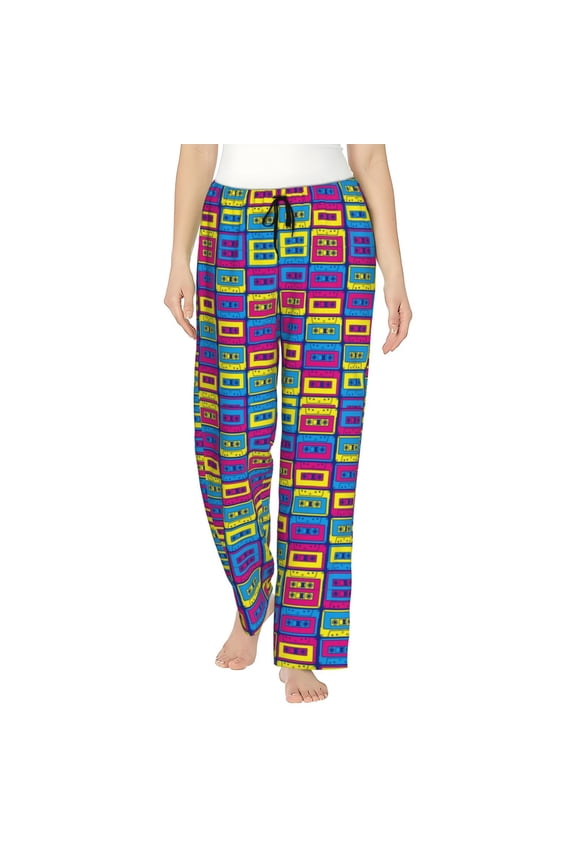 Cassette Tapes Print Women Pajama Pants,Comfy Pj Bottom with Pockets & Drawstring,Stretch Casual Sleepwear-Large